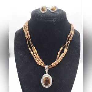 VINTAGE Avon BEAD AND TIGERS EYE MULTI STRAND NECKLACE & Earring